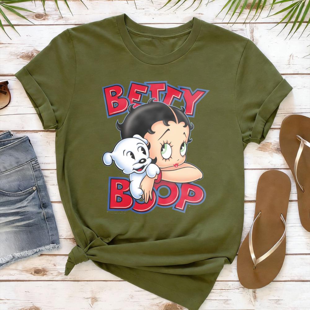 Betty Boop with Pudgy Dog Shirt Vintage Women Summer Cotton Short Sleeve Retro Cartoon Girl Graphic Printed Casual Daily Outfit