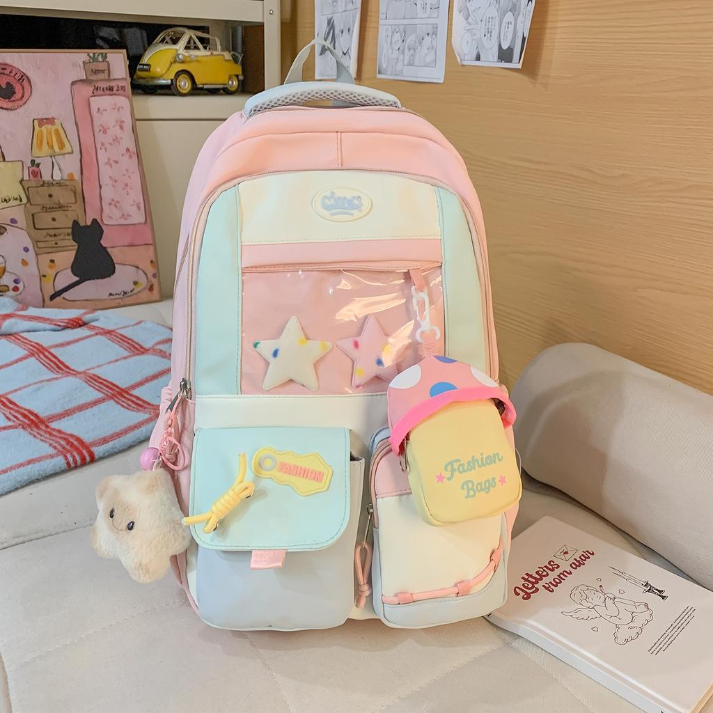 Schoolbag New Japanese Ins High Value, Sweet and Transparent Double Shoulder Schoolbag, Women's Contrasting Color Splicing Large-capacity Backpack