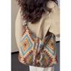 Rhombus ethnic style retro contrasting color drawstring plush tote bag women's autumn and winter atmosphere commuter bag shoulder strap adjustable