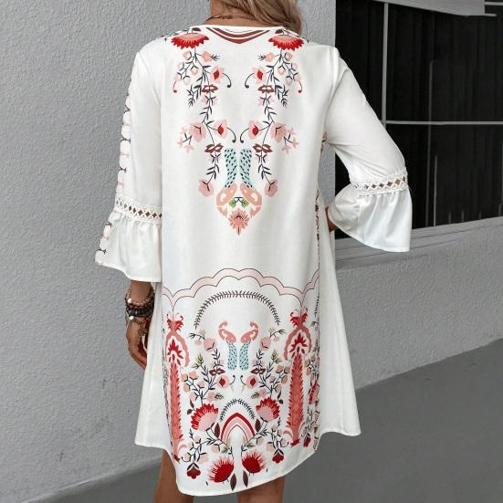 Women's Boho Floral Mini Dress Fall Long Sleeve V Neck Flowy Wedding Guest Dress Casual Beach Vacation Outfits