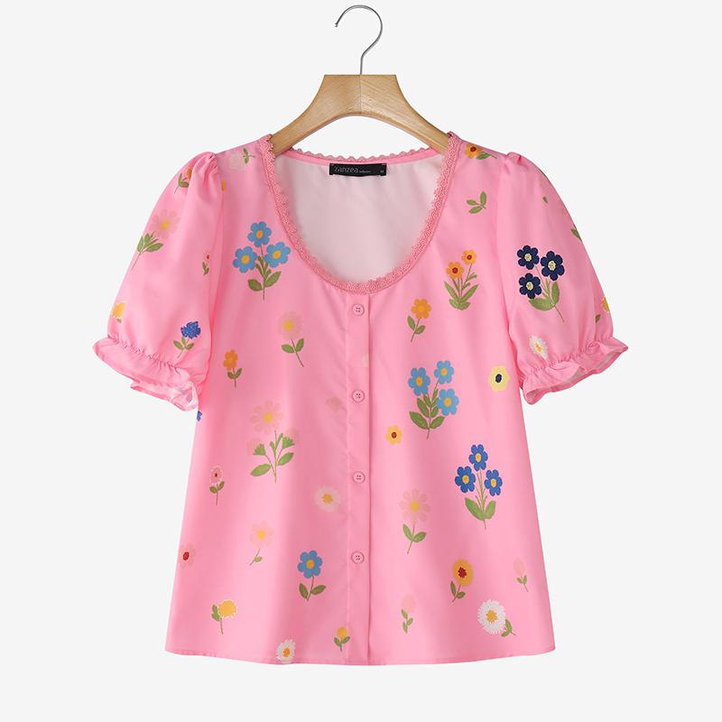 

ZANZEA Женская повседневная блузка с круглым вырезом, летняя, с цветочным принтом, с коротким рукавом XL розовый