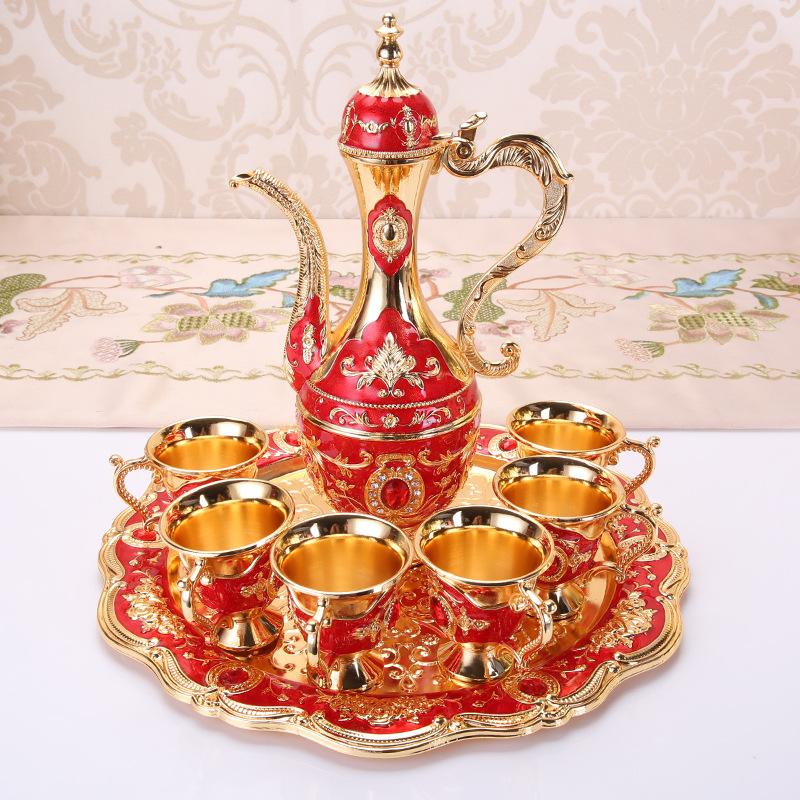 Set Pentolino Metallo Vintage per Caffè Turco Set da Tè Stile Europeo 6 Bicchieri da Vino di Lusso per Servire Tè Zamzam Vino Caffè Cappuccino
