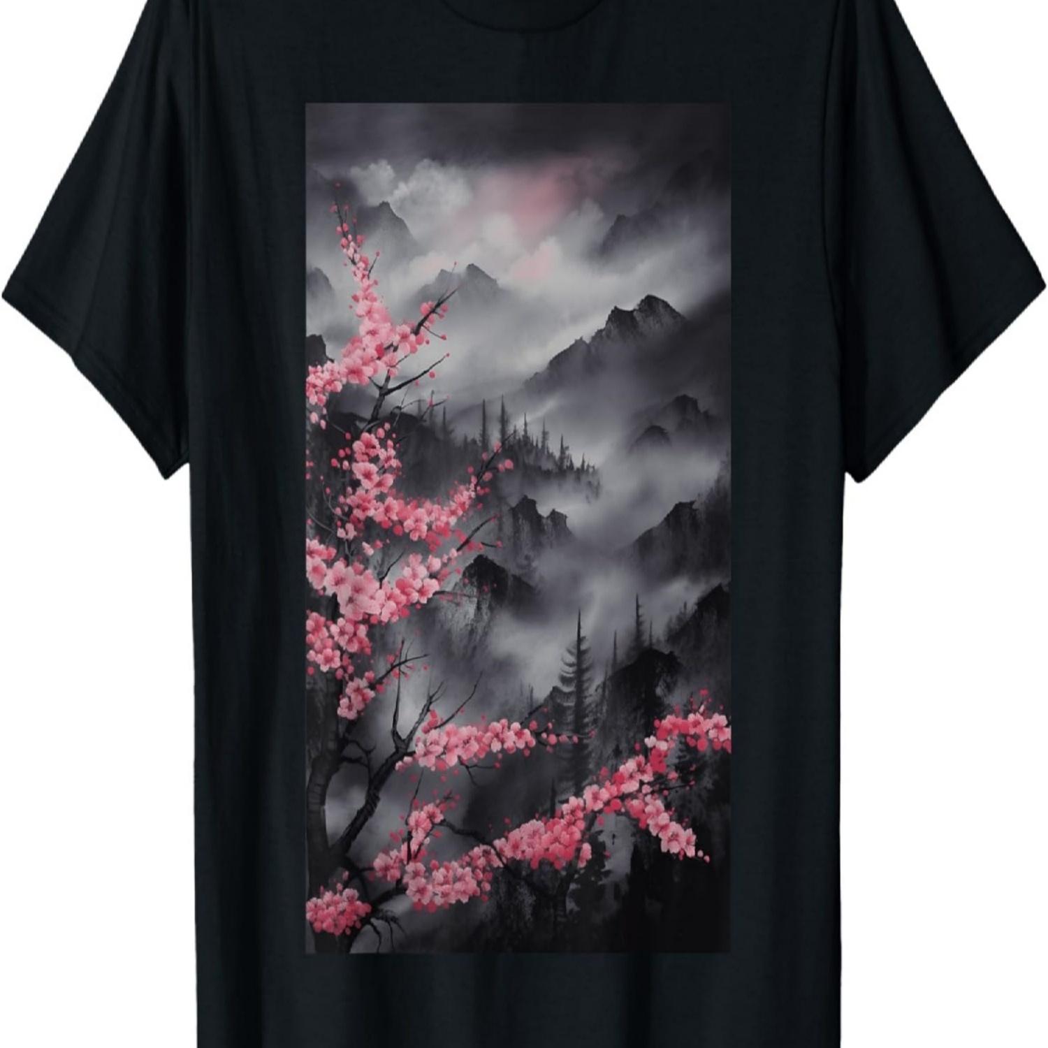 Япония Сад Сакуры Горы И Цветущие Вишни Гравюра на Дереве Футболка(37) S чёрный