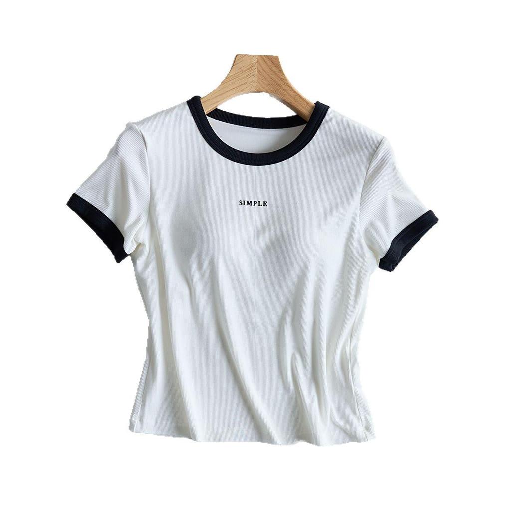 Women's Contrast Casual Short-Sleeve T-Shirt with Chest Pads, Bra-Free, One-Piece Round Neck for Summer.