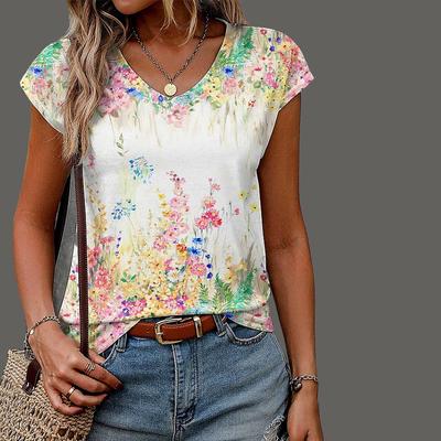 Women's V-neck Short Sleeved Spring Inspired Printed Top, Loose T-shirt, Casual Shirt
