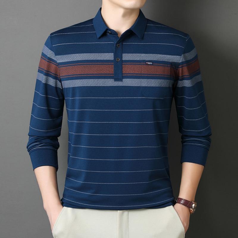 Men S Striped Long Sleeve Polo Shirt Loose Fit For Middle Aged Dad Autumn