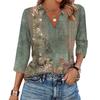 Women's Fashionable Casual Lapel T-Shirt With Retro Floral Print Seven Quarter Sleeve Top