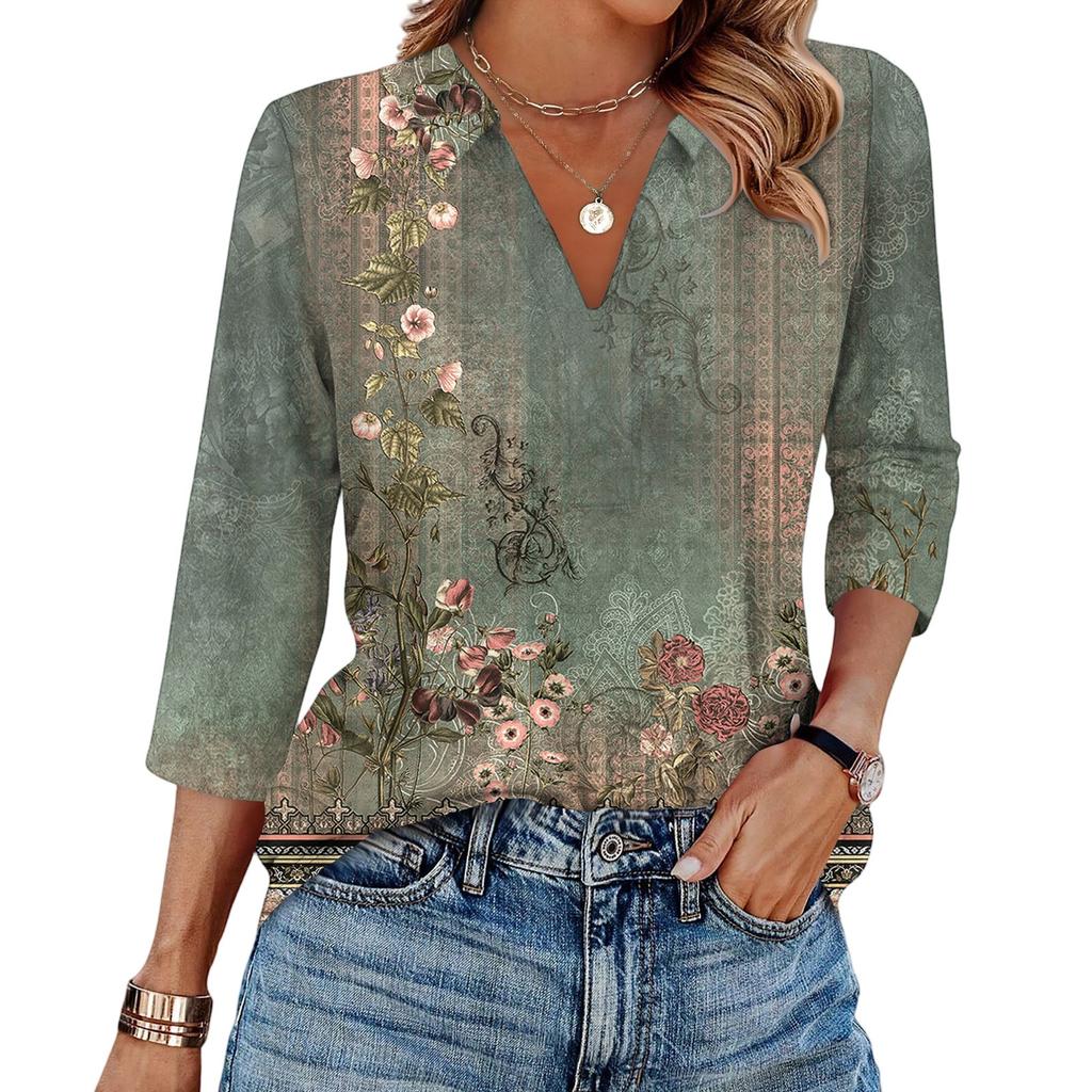 Women's Fashionable Casual Lapel T-Shirt With Retro Floral Print Seven Quarter Sleeve Top