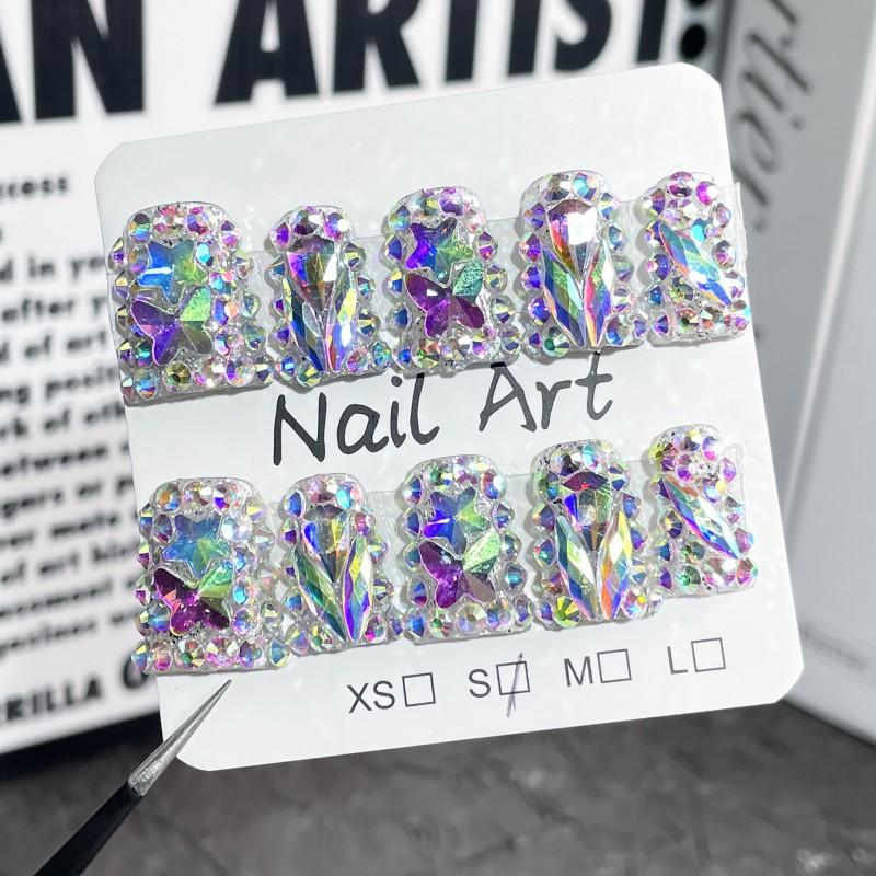 Short Duckbill Press-On Nails With Starry Sky Design Sparkly Rhinestones Sweet Edgy Style Women