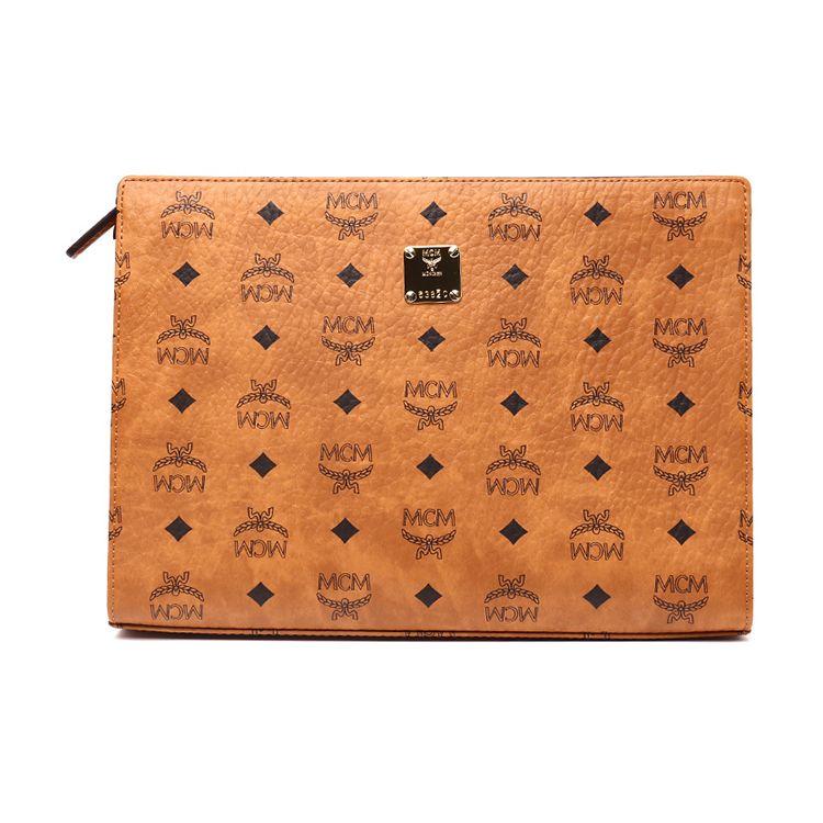 MCM Visetos Leather Clutch Bag with Metal Logo Plaque & Zip Closure for Daily & Party Use
