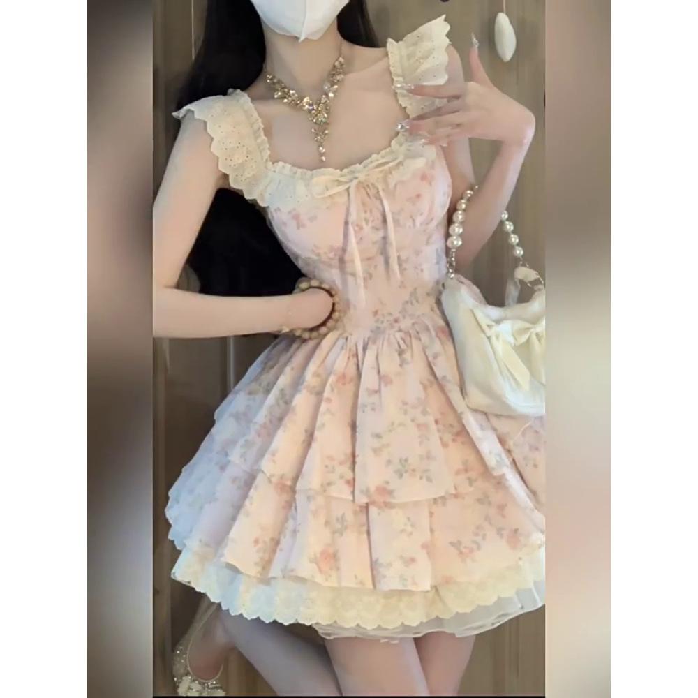 Homemade Sweet Spice Girl Small Flying Sleeves Gentle Wind Floral Waist Slim Skinny Square Neck Princess Dress Fluffy Dress Women