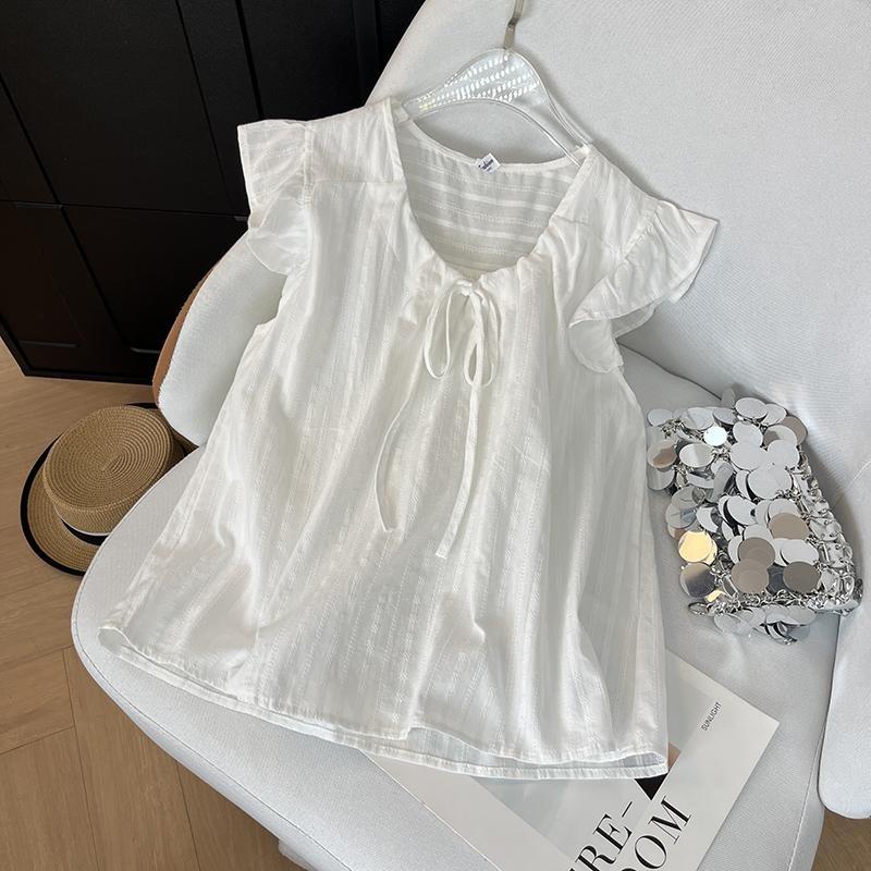 

Женская рубашка с короткими рукавами на шнуровке, лето 2025, новая, с оборками, на кулиске, свободная, маленькая свежая майка без рукавов 3XL ([Recommended 138-75kg]) белый