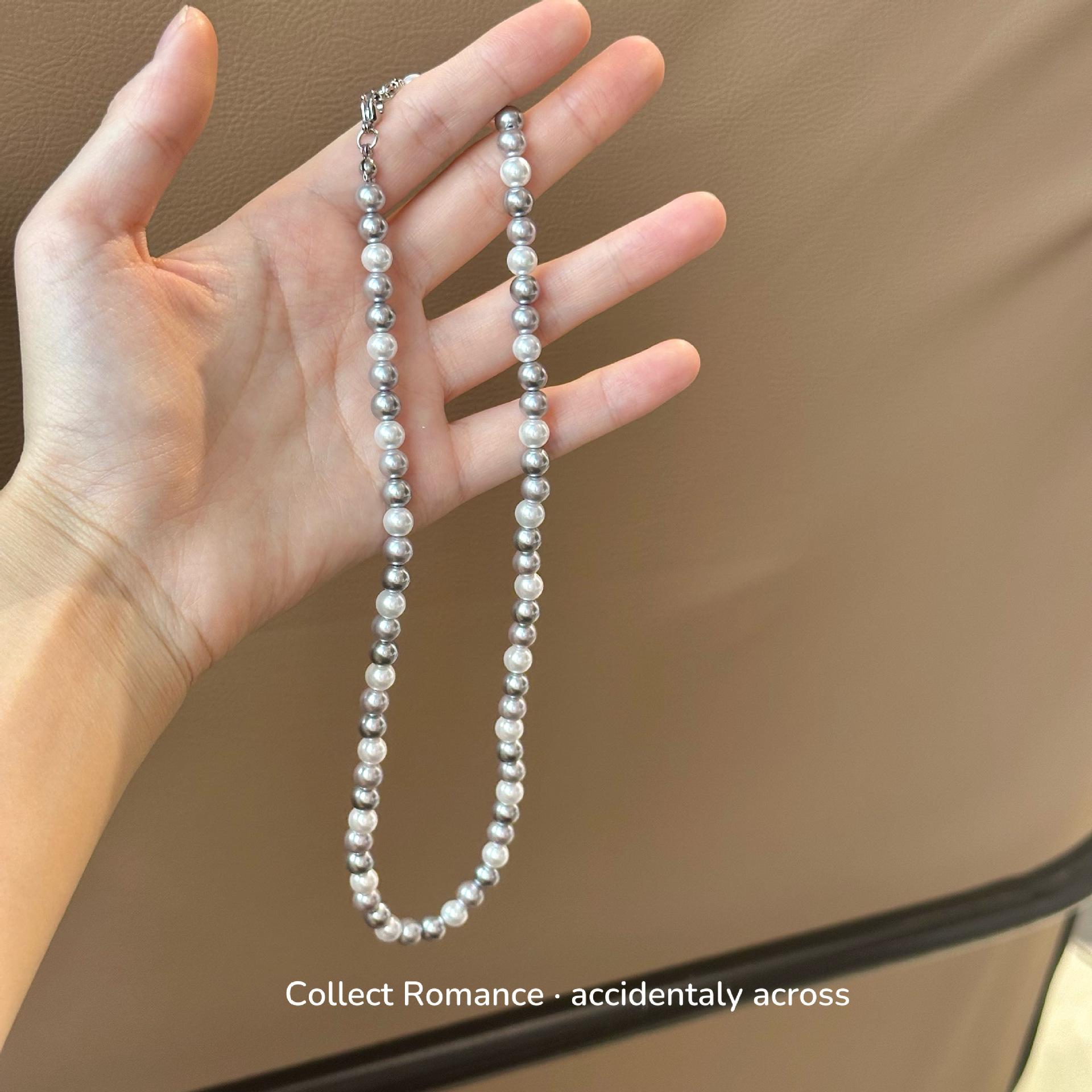 Retro temperament gray-purple splicing pearl necklace texture super versatile temperament collarbone chain high-end sweater chain