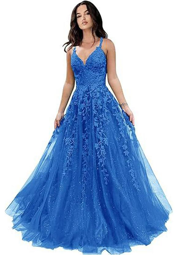 Elegante Abito da Sera in Rete Ricamata con Paillettes e Scollo a V Profondo