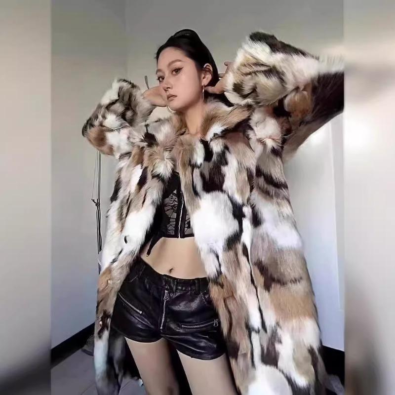Autumn and winter clothing men's and women's imitation fur coat fashion mixed color extended lapel fur coat over the knee
