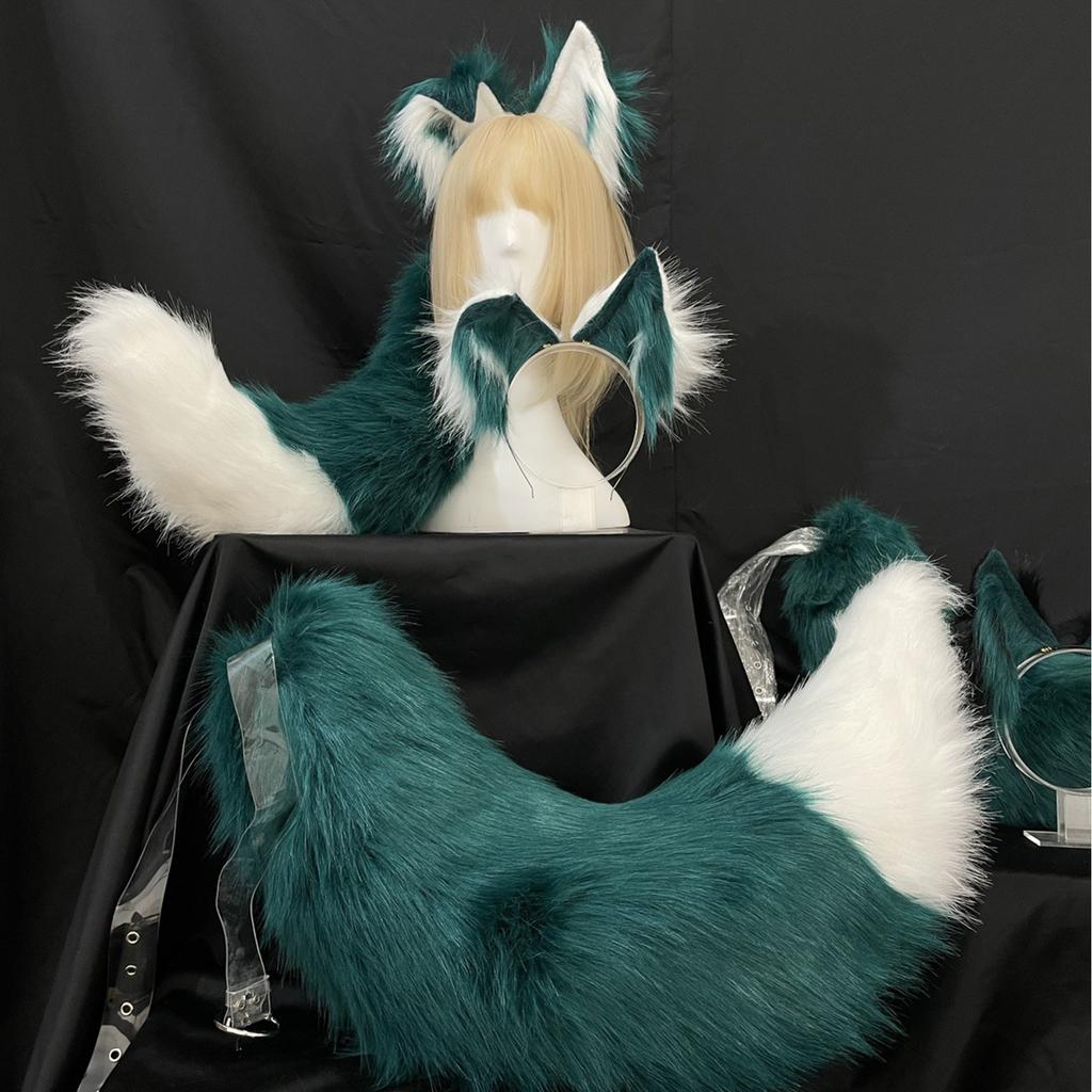 Opaska na głowę z wilczymi uszami ogon Dziewczęce akcesoria cosplay Bestia Uszy Zielony Fursuit Maskarada Impreza Cosplay