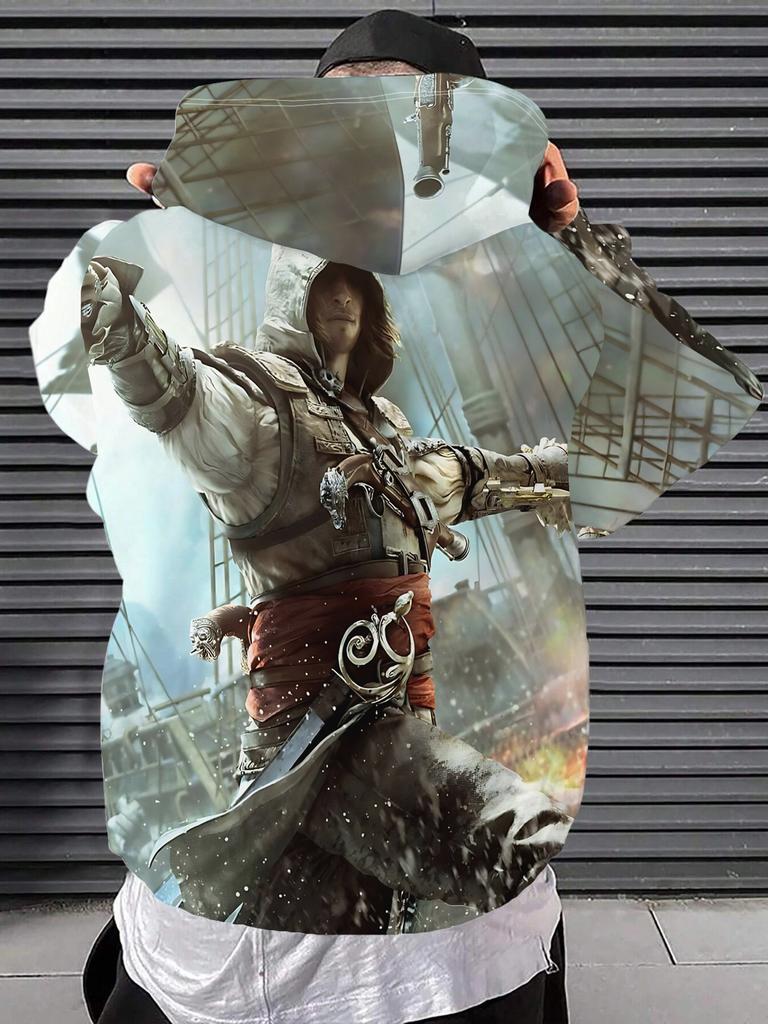 Men's Anime Dual-Sword Fighting Print Hoodie - Relaxed streetwear style hoodie, suitable for everyday wear, casual wear, and themed events.