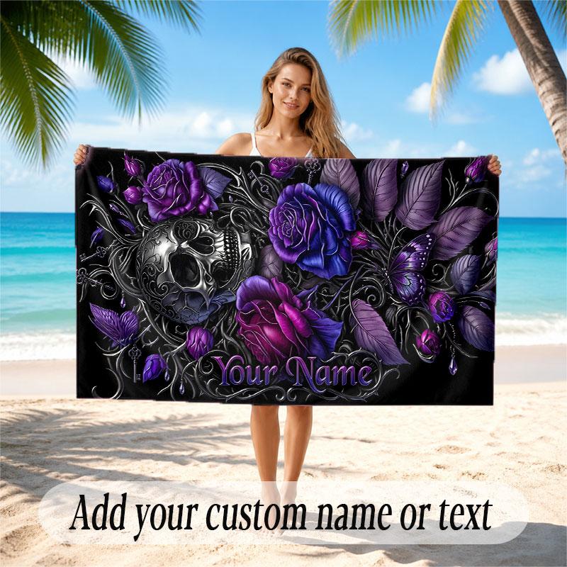 Skull Gothic Theme Beach Towel Personalized Custom Name & Text Soft Quick Dry Beach Towel for Swimming Travel