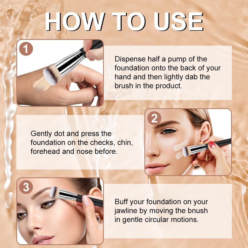 Professional Foundation Brush Set, 3 Piece Makeup Brushes with Synthetic Fibers, Black Handle with Silver Ferrule, Flat Top for Liquid and Cream