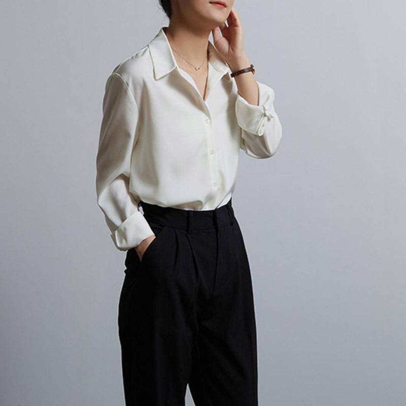 Women's Satin Shirt Autumn New Interview Shirt Light Workplace Commuting Shirt Top Olive Green Shirt