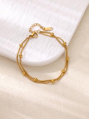 Edelstahlperlen Kugelarmbänder für Frauen Vintage Goldfarbe Doppellagige Kettenarmbänder Sommer Strandparty Schmuck