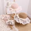 New children's straw hat, girls' summer eaves lace edge straw, breathable streamer bow sunscreen visor