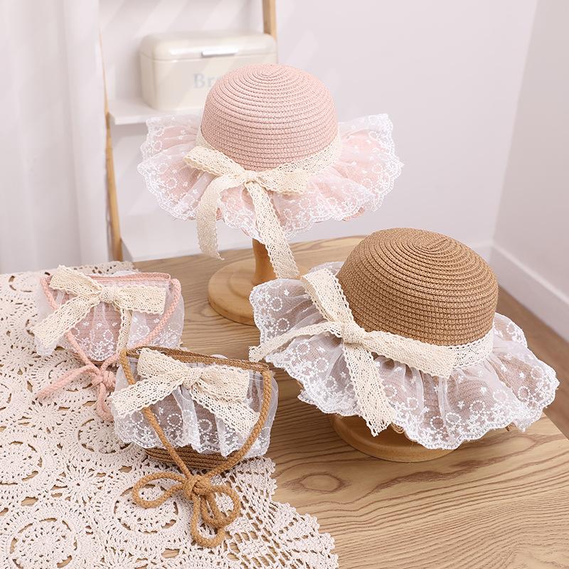 New children's straw hat, girls' summer eaves lace edge straw, breathable streamer bow sunscreen visor
