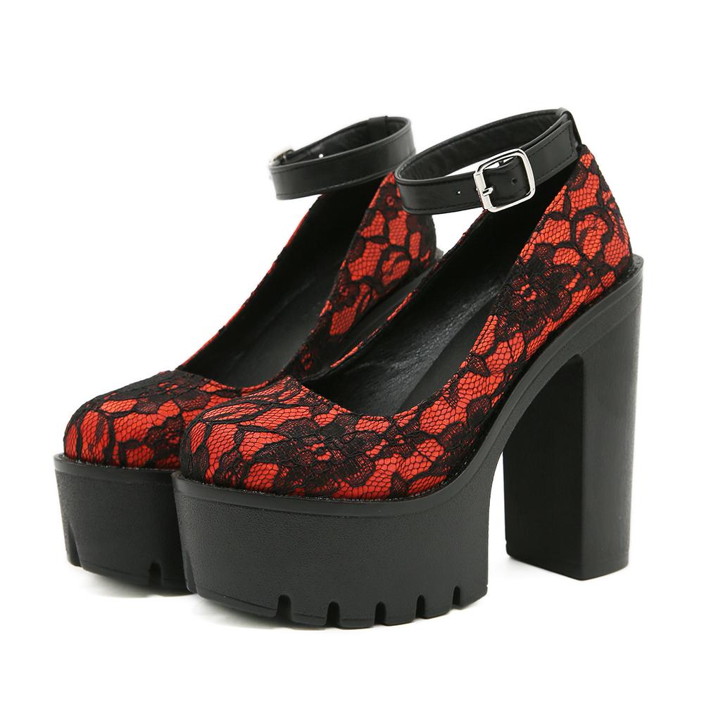 Gdgydh Red Wedding Mary Janes Women Shoes with Lace Aankle Strap Waterproof Platform Pumps High-Heeled Shoes Round Toe