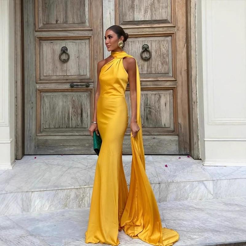 Elegant Off-Shoulder Backless Wrap Tie Neckline Maxi Dress Women 2025 Slim Fit High Waist TR Fabric