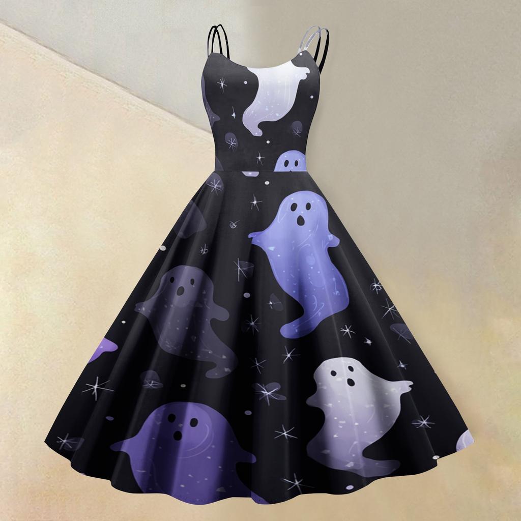 Women's Sleeveless Casual Dress Halloween Print Round Neck Vintage Style Spaghetti Strap Midi Dress for Daily Wear and Seasonal Events