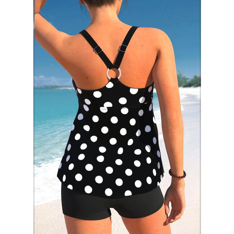 New High-quality Summer Ladies Double Straps Swimsuit Versatile Black and White Spots Printed Tankini Shorts Two-piece Set S-6XL