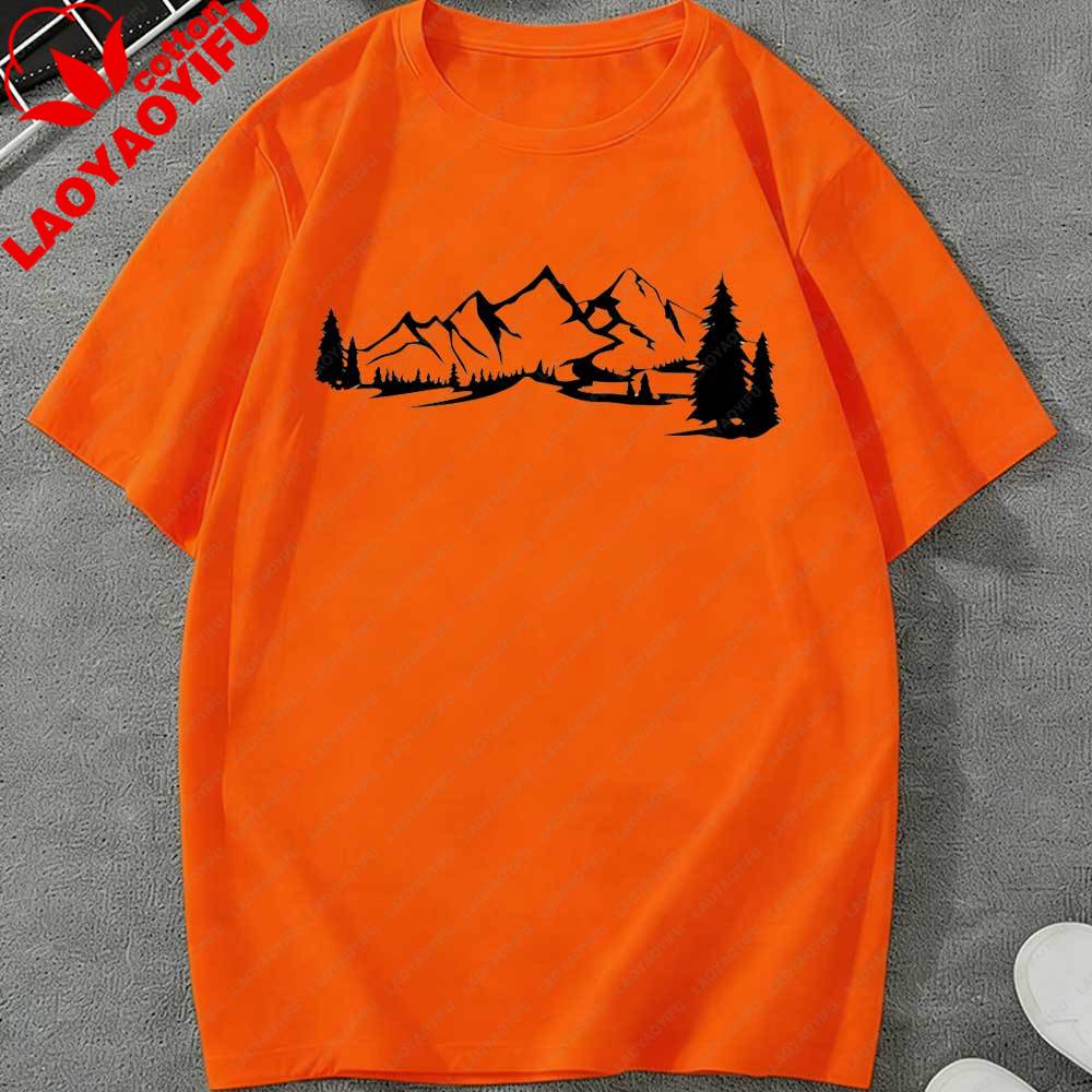 Minimalist Mountain Forest River Landscape TShirt Nature Graphic Tee Oversized Cotton Casual Top Hiking Camping Outdoor Lovers