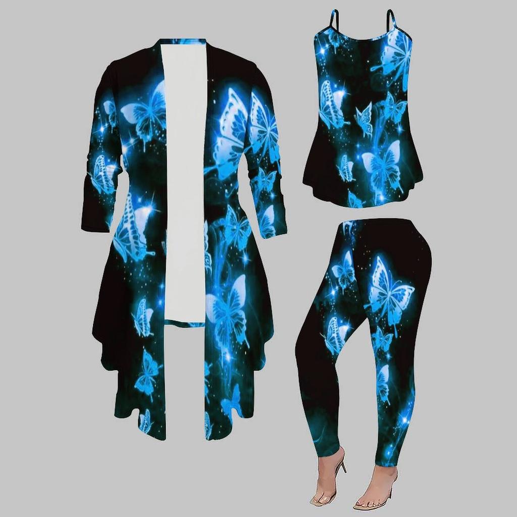 Plus Size Butterfly Print 3 Piece Outfit, Long Sleeve Open Front Cardigan Cami Top Leggings Set for Women