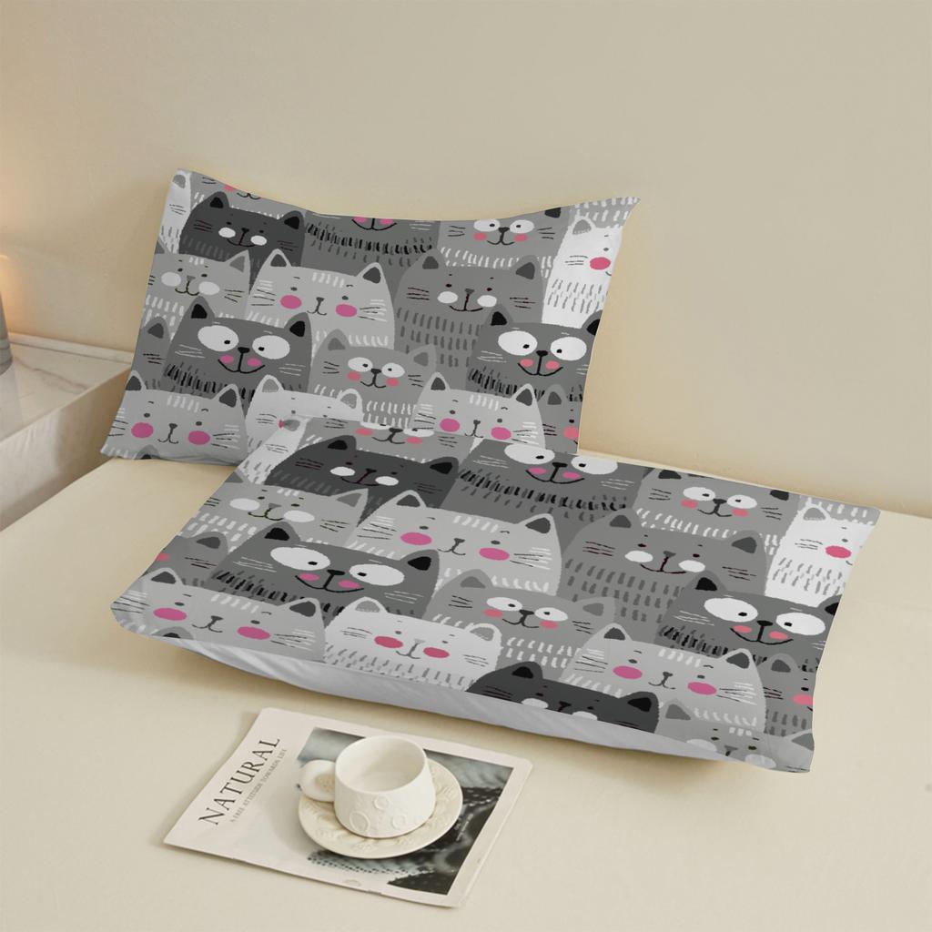 3pcs Black And White Cats Fitted Sheet Sets Cartoon Cat Pattern 3D Printed 100%  Polyester Flat Sheet With 2 Pillowcases