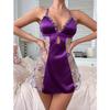 Sexy Silk Lingerie Set V-Neck Slip Dress Sheer Mesh Floral Nightwear Women Purple