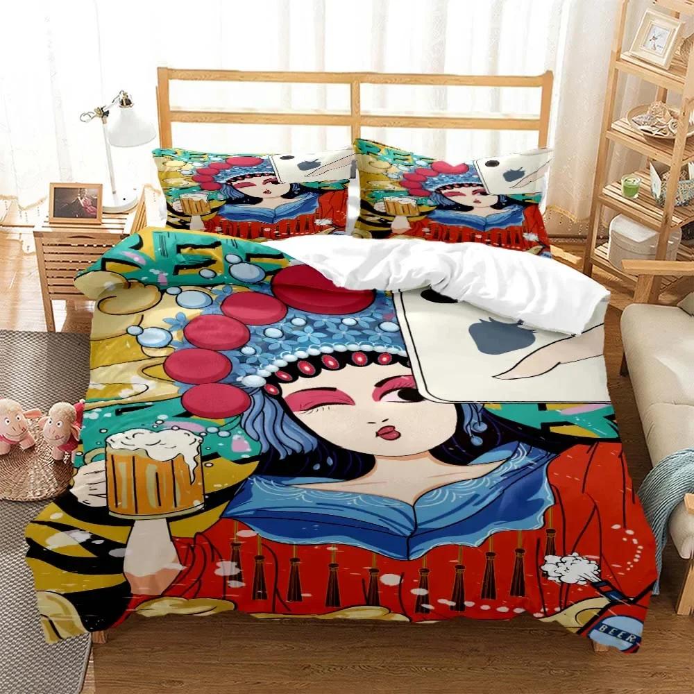Chinese Cartoon Beijing Opera Natural Digital Printing Polyester Bedding Set Youth Three Piece Set Art Soft And Comfortable