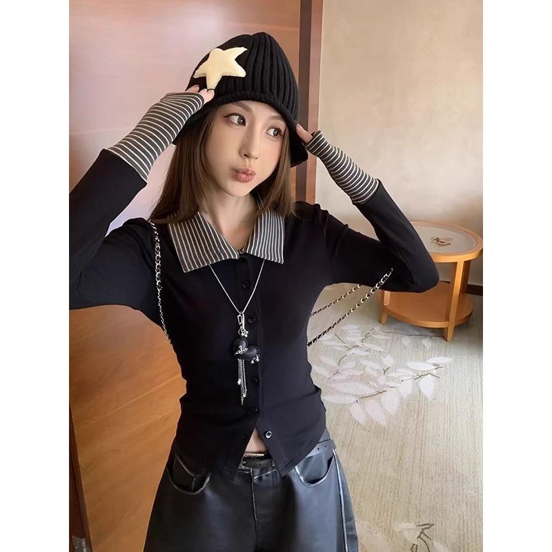 Striped Stitching Fashionable Lapel T-shirt for Women Autumn New Slim Long-sleeved Top