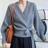 Cárdigan corto de punto con cuello en V y pajarita para mujer, cárdigan de cintura alta, suéter, abrigo, Top con diseño superpuesto, otoño