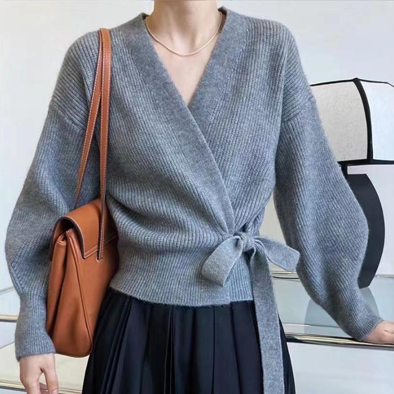 Cárdigan corto de punto con cuello en V y pajarita para mujer, cárdigan de cintura alta, suéter, abrigo, Top con diseño superpuesto, otoño