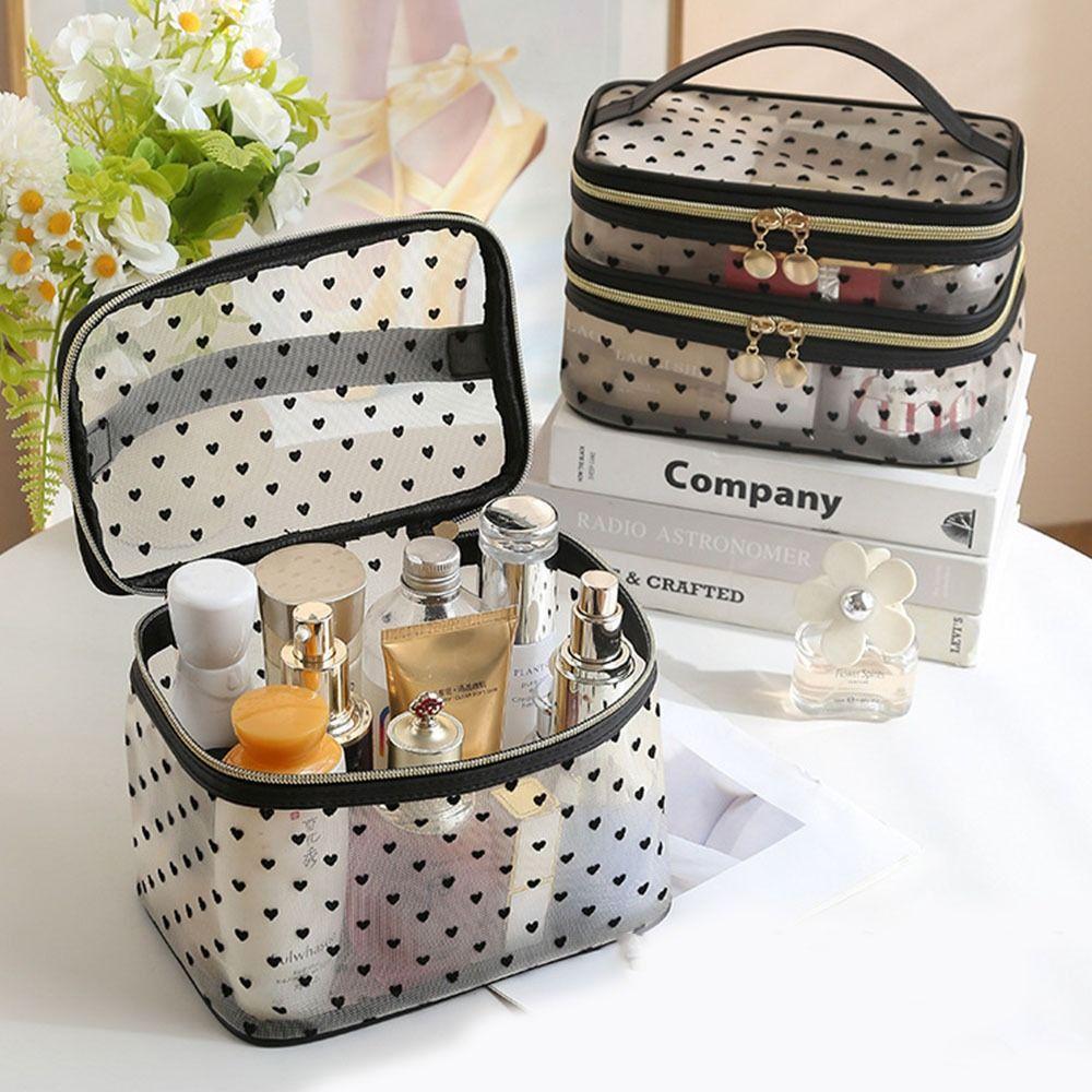Black Heart Printed Mesh Love Makeup Bag Large Capacity Women Toiletry Bag Women