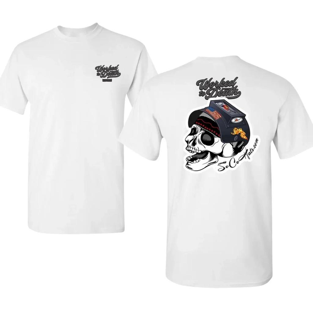 Worked To Death Welding T-Shirt with 2 Sides Graphic, Skull In Welding Helmet