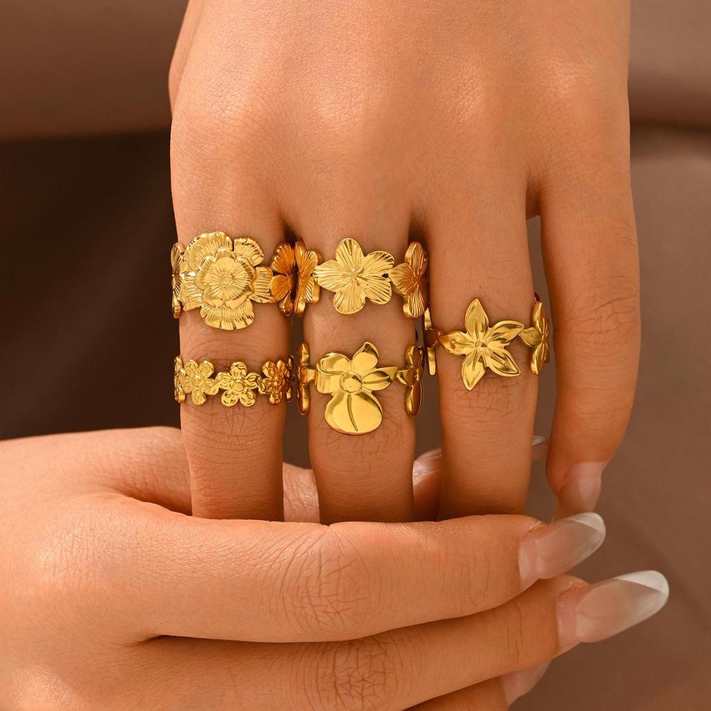 European & American Design Stainless Steel Flower Open Ring - Gold Flower Accessories for Women