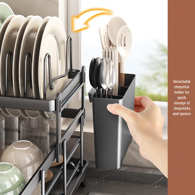 Scurgător de vase multifuncțional de bucătărie cu depozitare stratificată și tavă pentru apă