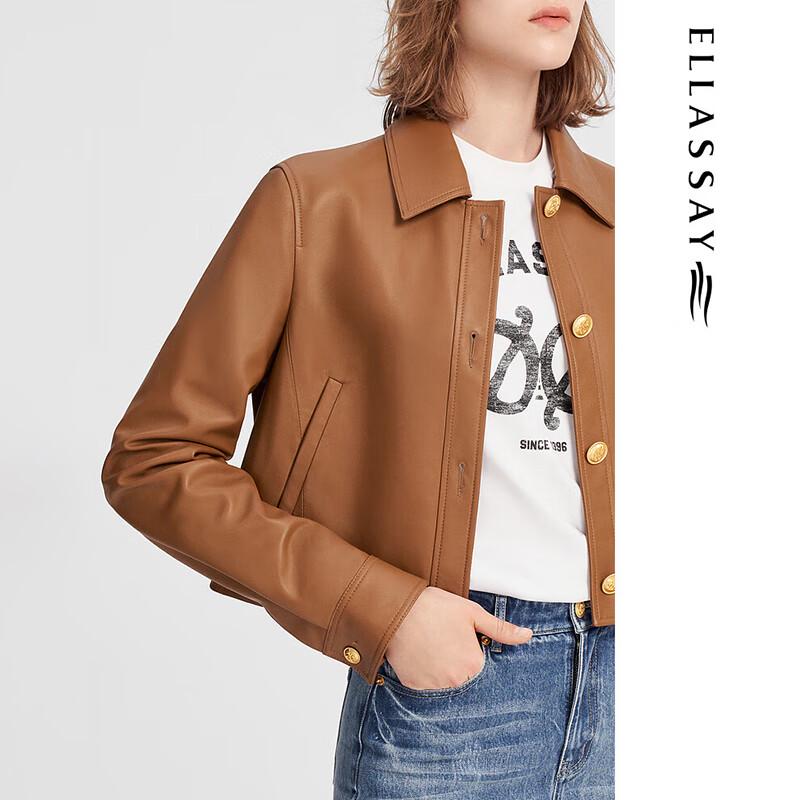 ELLASSAY Women's Retro Short Lapel Leather Jacket