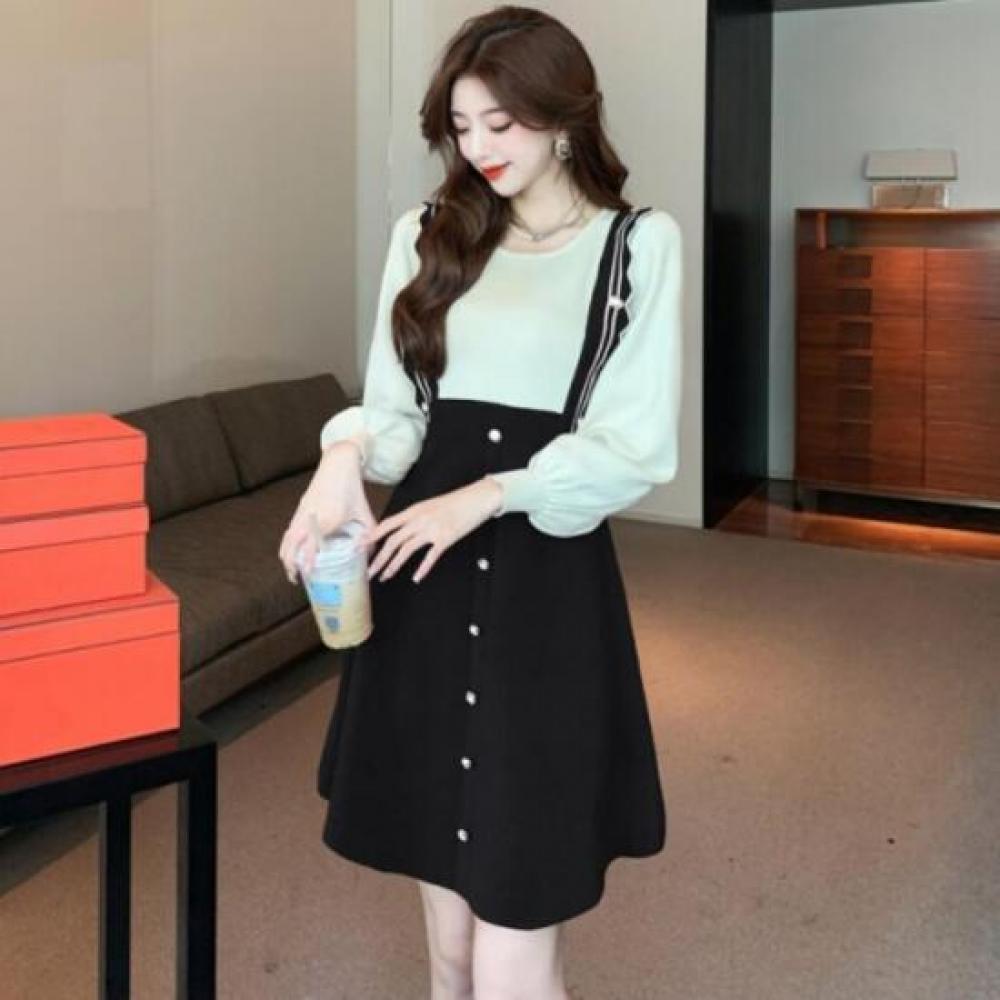 New Arrivals Open Run Suspender Two Tone Layered High Waist Long Sleeve Dress