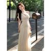 Korean gentle style, one word shoulder waist slim suspender long dress fashion temperament dress summer women's clothing