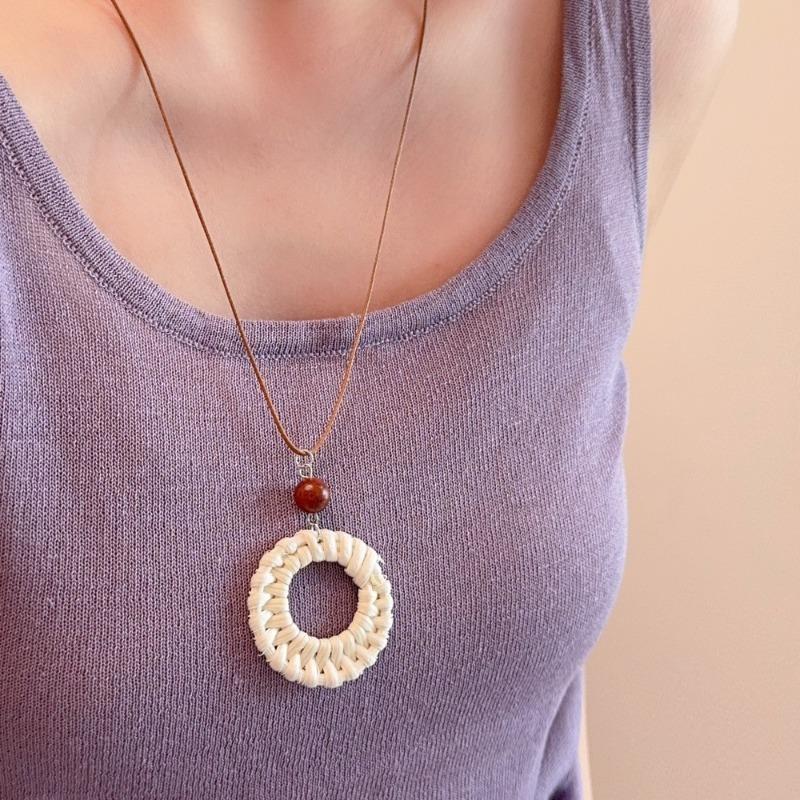 Bohemian Multi Layer Rattan Knit Hollow Water Drop Wood Bead Flower Pendant Necklace For Women Adjustable Rope Chain