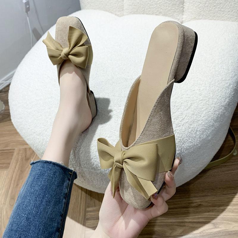 Woman Mules Low Heel with Bow Shoes for Women Slides Black Sandals 2025 Luxury Slip-resistant H Sandal Chic and Elegant Slippers