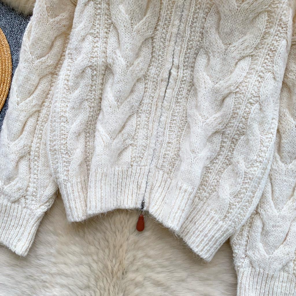 Autumn Winter Women Casual Turtleneck Zipper Twist Knitted Sweater Cardigans Tops Jacket Coat