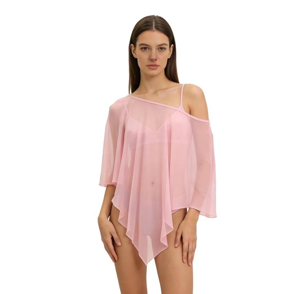 Asymmetrical Design Sheer Poncho Top Irregular Hem Chiffon Capelet Swim Coverup Swimming Pool розовый